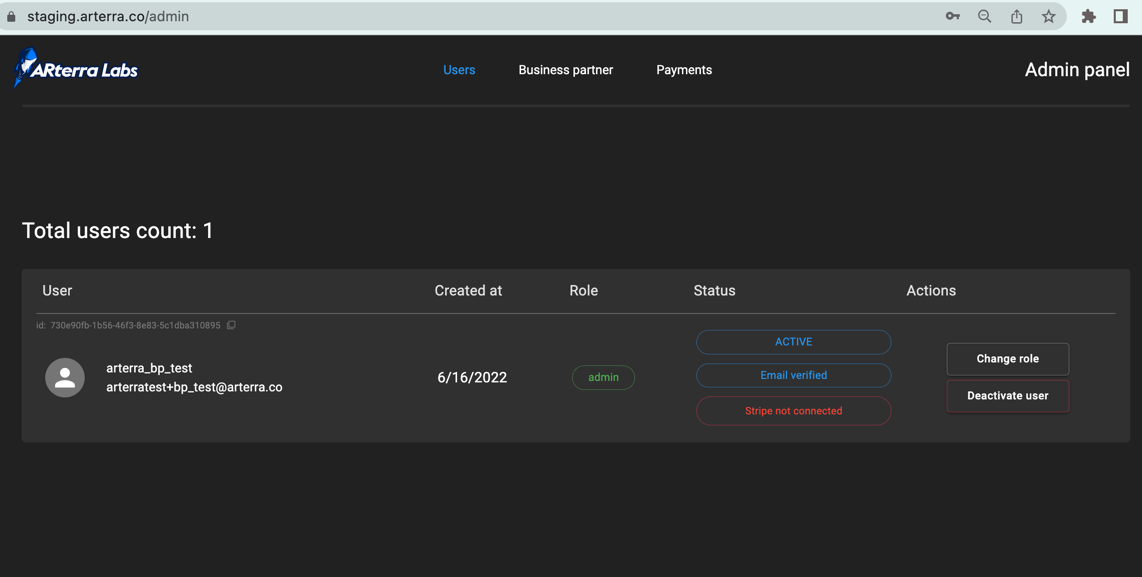 Business Partner User Admin Page